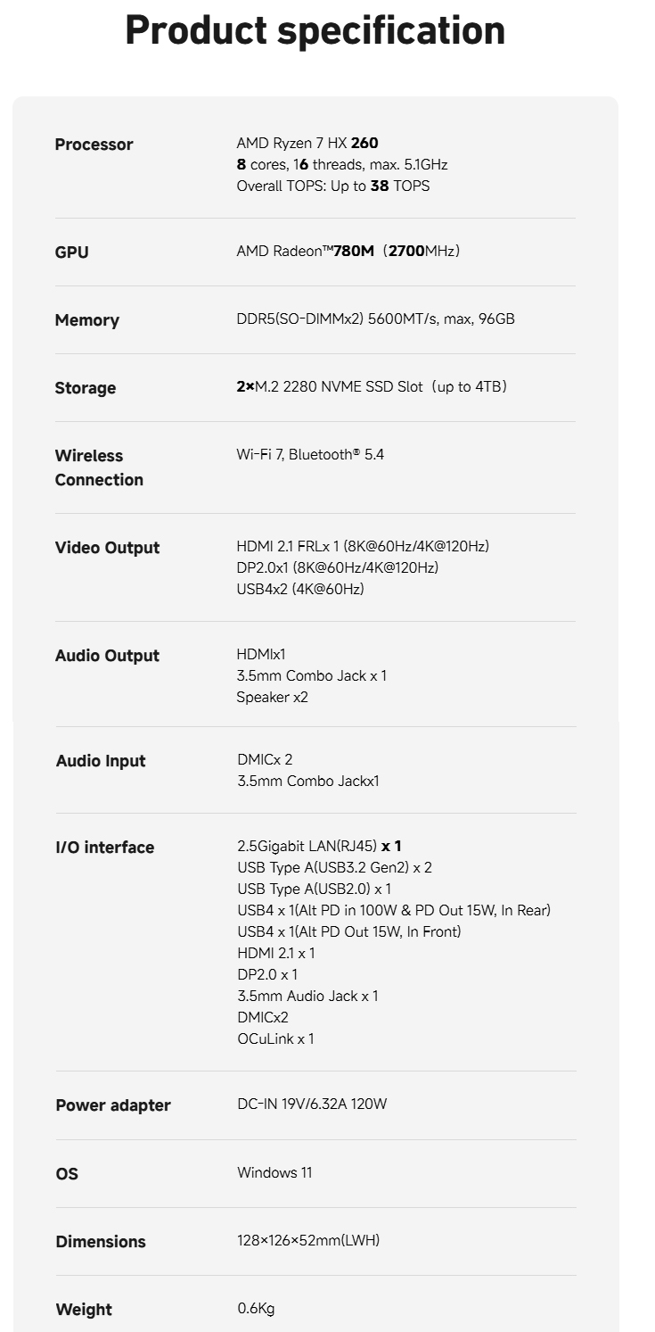 A mini PC teljes specifikációja (Kép forrása: Minisforum)