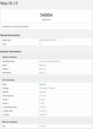 M4 MacBook Air Geekbench GPU pontszám (kép forrása: Geekbench)