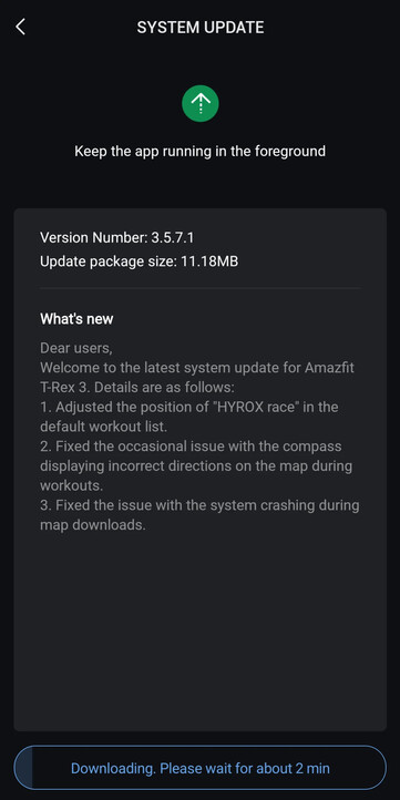 Az Amazfit T-Rex 3 okosóra 3.5.7.1 firmware verziójának kiadási megjegyzései. (Kép forrása: u/Ech0ke via Reddit)