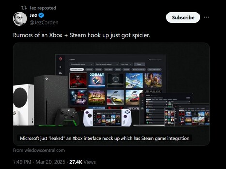 Jez Corden Steam on Xbox App X post (Kép forrása: screenshot, Jez Corden X fiók)