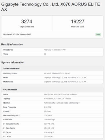 Ryzen 9 9900X3D Geekbench (kép forrása: Geekbench)