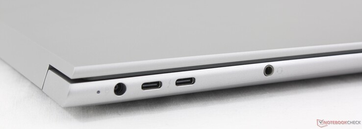 Balra: tápegység, 2x USB-C 4.0 Thunderbolt 4 (40 GBit/s, DisplayPort-ALT 1.4), 3,5 mm-es sztereó csatlakozóval