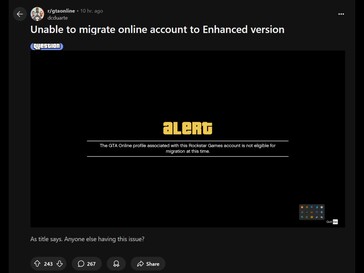 GTA 5 Enhanced migration issue Reddit post (Kép forrása: Grand Theft Auto Online subreddit)