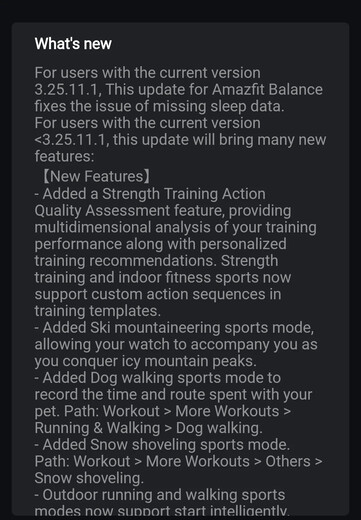 Az Amazfit Balance okosóra 3.25.12.3 verziójának változásnaplója. (Kép forrása: u/SabretoothPenguin via Reddit)