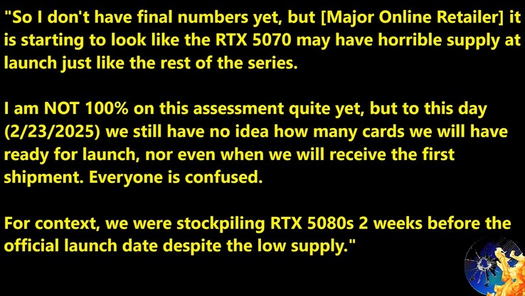 RTX 5070 induló készletinformációk. (Kép forrása: Moore's Law Is Dead)