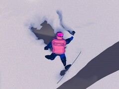 A képen: Sikertelen mutatvány, a játékos karaktere beleesett a hóba, a képen a játékbeli fotó mód használatával (Forrás: Pillanatkép a Studio Gauntlet's Sno: Ultimate Freeriding játékban)