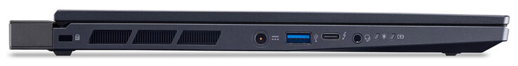 Bal oldal: kábelzár, tápcsatlakozó, USB 3.2 Gen 2 (USB-A) Thunderbolt 4 (USB-C; Power Delivery, DP Alt Mode), audiokombináció