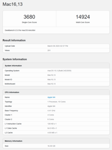 M4 MacBook Air Geekbench CPU pontszám (kép forrása: Geekbench)