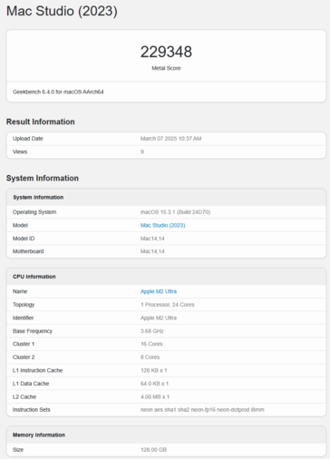 Apple M2 Ultra Geekbench GPU Metal pontszám (kép pontszám Geekbench)