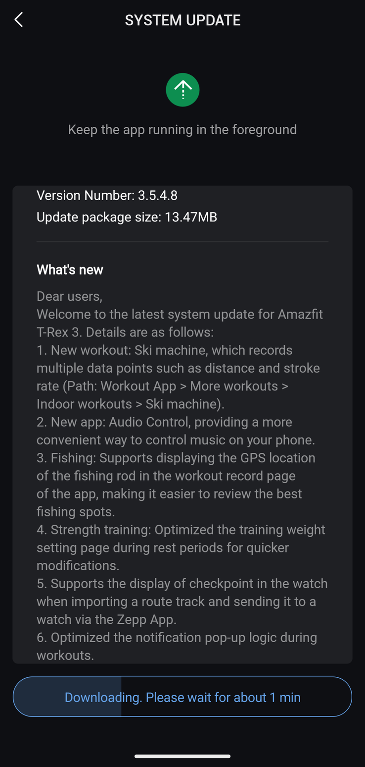 Az Amazfit T-Rex 3 3.5.4.8-as verziójának változásnaplója. (Kép forrása: u/Ech0ke via Reddit)