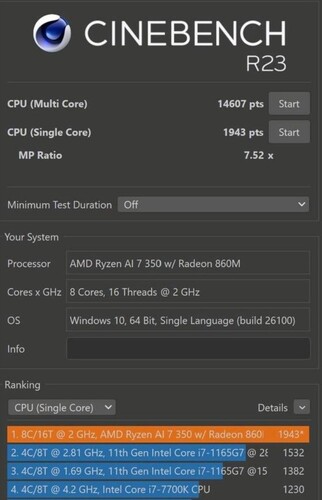 AMD Ryzen AI 7 350 Cinebench R23 pontszám (kép forrása: Baidu)