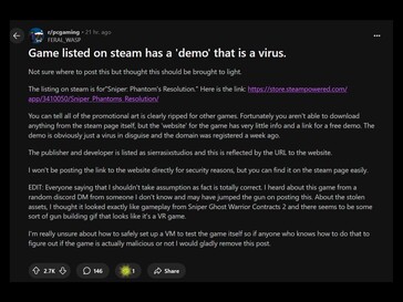 Fertőzött Steam demó Reddit poszt (Kép forrása: screenshot, PC Gaming subreddit)