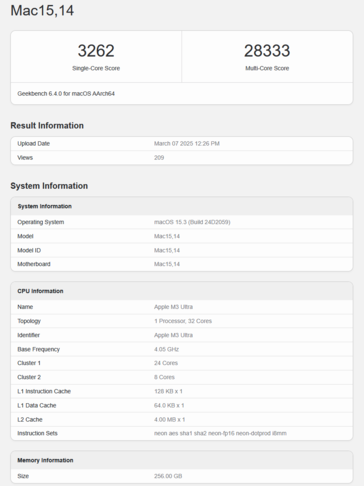 Apple M3 Ultra Geekbench CPU pontszám (image score Geekbench)