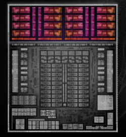 Ryzen AI Max+ 395 illusztráció, a CPU piros színnel kiemelve (forrás: AMD)