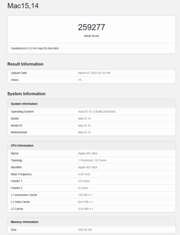 Apple M3 Ultra Geekbench GPU Metal pontszám (kép pontszám Geekbench)