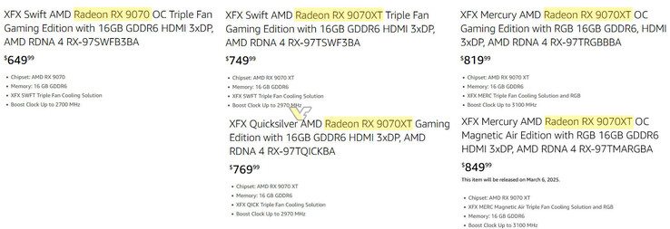 Helyőrző árak az XFX RX 9070 és RX 9070 XT kártyákhoz. (Kép forrása: VideoCardz)