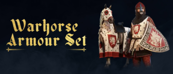 A Warhorse páncélkészlet tartalmazza a Bascinet, a csizma, a Caparison, a kesztyű, a lábpáncél, a Pourpoint, a pajzs és a Waffenrock. (Kép forrása: Warhorse Studios)