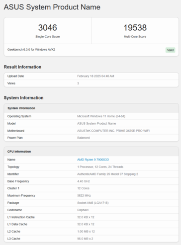 Ryzen 9 7900X3D Geekbench (kép forrása: Geekbench)