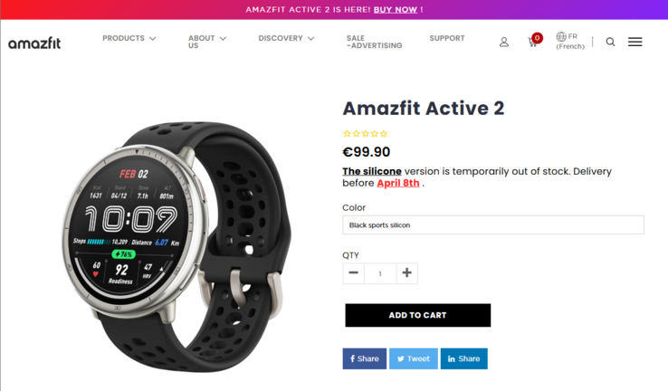 Az Amazfit Active 2 okosóra néhány európai országban már nincs készleten. (Kép forrása: Amazfit)