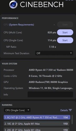 AMD Ryzen AI 7 350 Cinebench 2024 pontszám (kép forrása: Weibo)