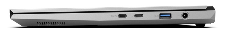 Rendben: USB-C 3.2 Gen. 2 (10 Gbit/s, DisplayPort 1.4a, G-Sync-kompatibilis, nincs Power Delivery), USB-C 4.0 Thunderbolt 4 (40 Gbit/s, DisplayPort 2.1, Power Delivery), USB-A 3.2 Gen. 2 (10 Gbit/s, tápellátás), tápellátás befelé