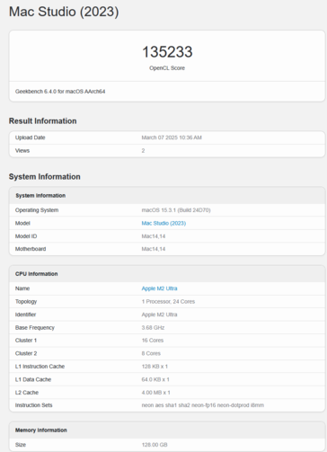 Apple M2 Ultra Geekbench GPU OpenCL pontszám (kép pontszám Geekbench)