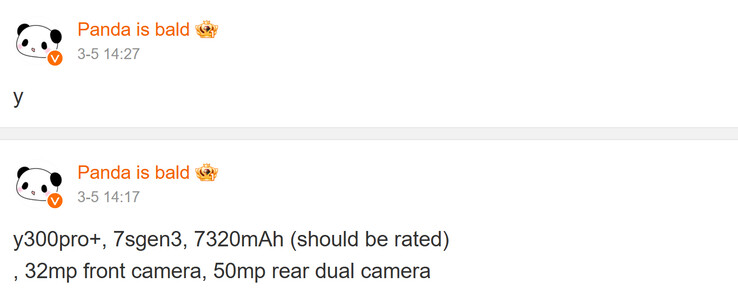 A Panda által megosztott Vivo Y300 alapvető adatai kopaszok (Kép forrása: Weibo - gépi fordítás)