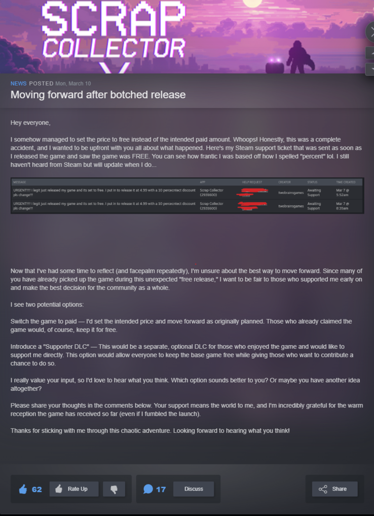 A fejlesztő március 10-én közzétett nyilatkozata. (Kép forrása: Steam community)