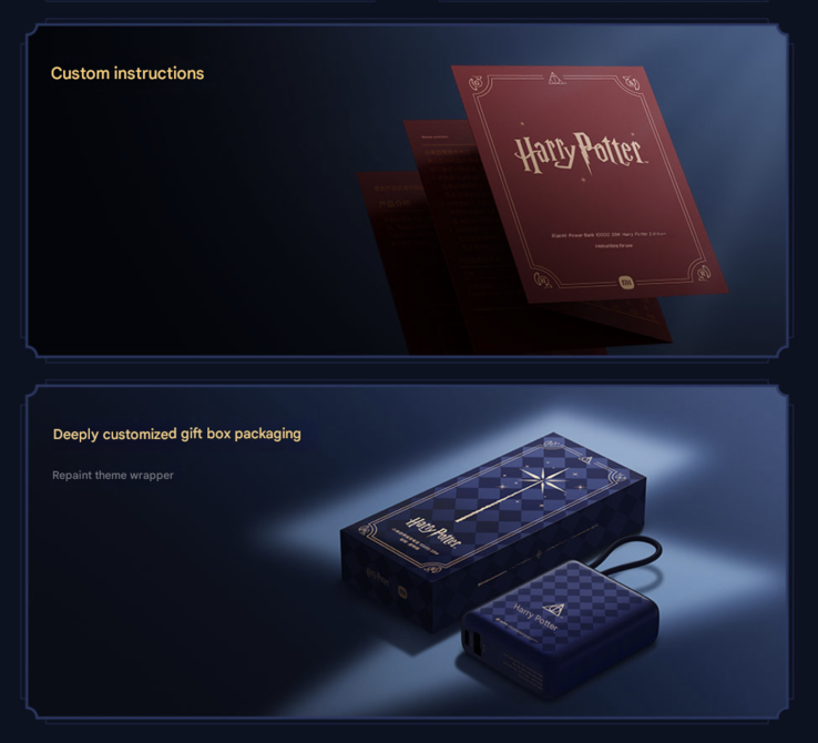 A Xiaomi 33W Power Bank 10000 (integrált kábel) Harry Potter Edition csomagolása és használati útmutatója. (Kép forrása: Xiaomi, gépi fordítás a Google Translate segítségével)
