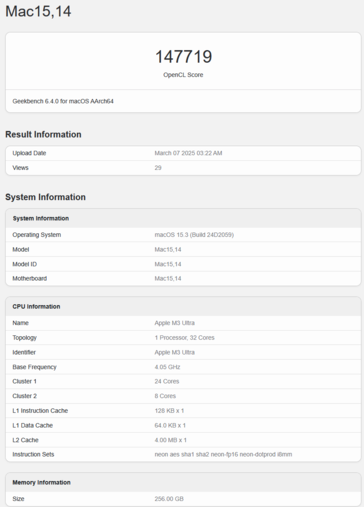 Apple M3 Ultra Geekbench GPU OpenCL pontszám (kép pontszám Geekbench)